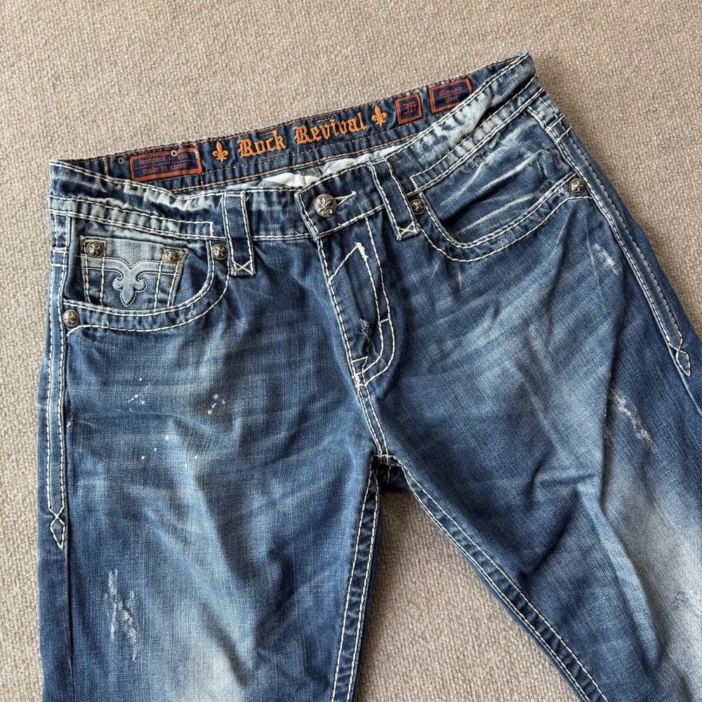 Rock Revival Mason Boot Cut Men's Size 36 Medium Wash Distressed Jeans